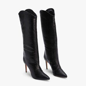 Schutz Maryana High Heel Leather Crocodile-Embossed Boot Black 7.5
